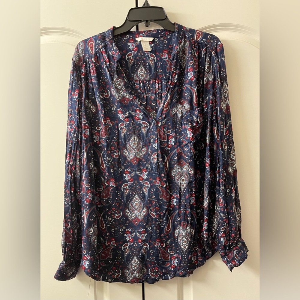 Blue Relaxed Buttoned Blouse with Mandarin Collar